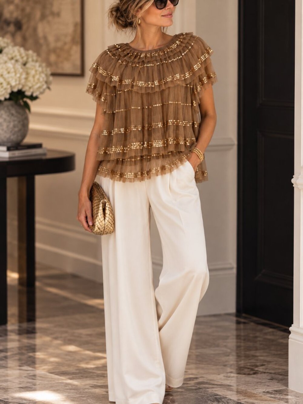 J. Crew Tiered Ruffle Tulle Gold Sequin Party Top Babydoll Antique Gold Taupe L